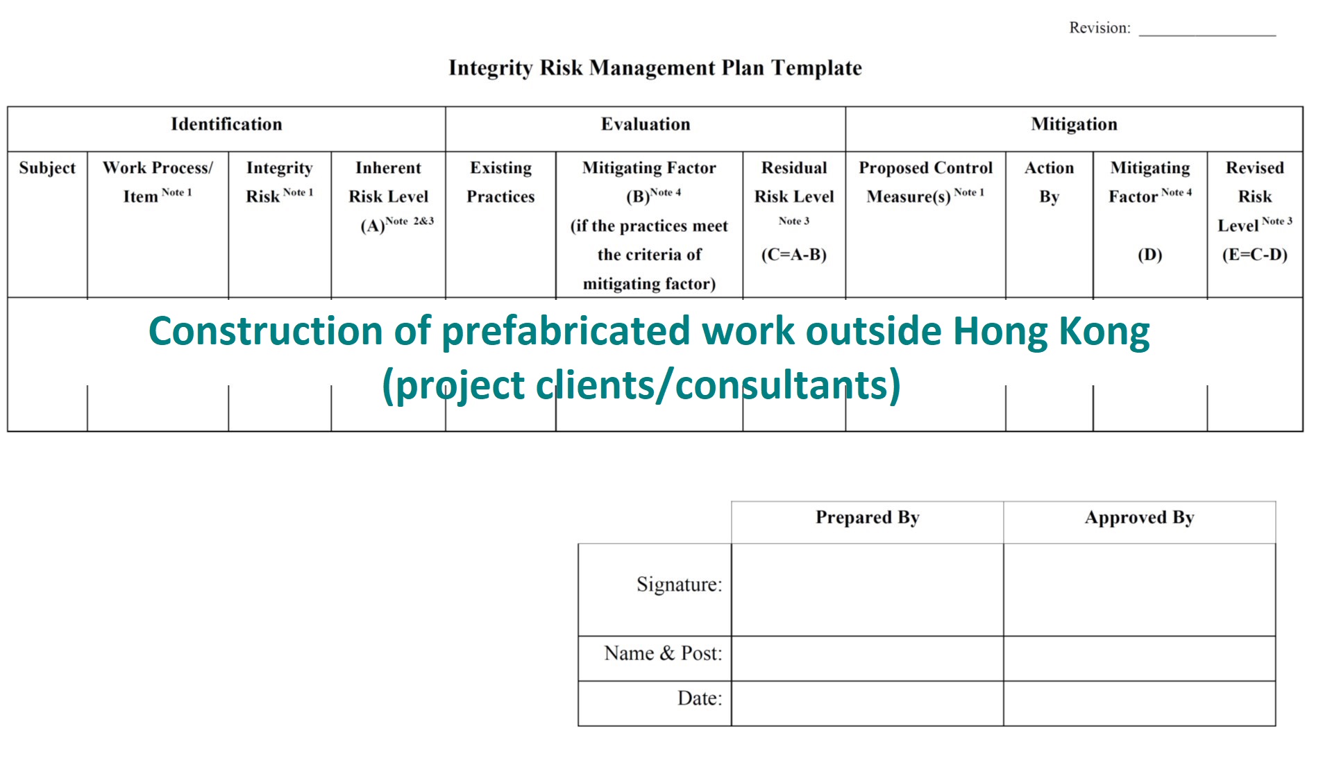Integrity Risk Management on Construction of Prefabricated Work outside Hong Kong (For Project Clients / Consultants)