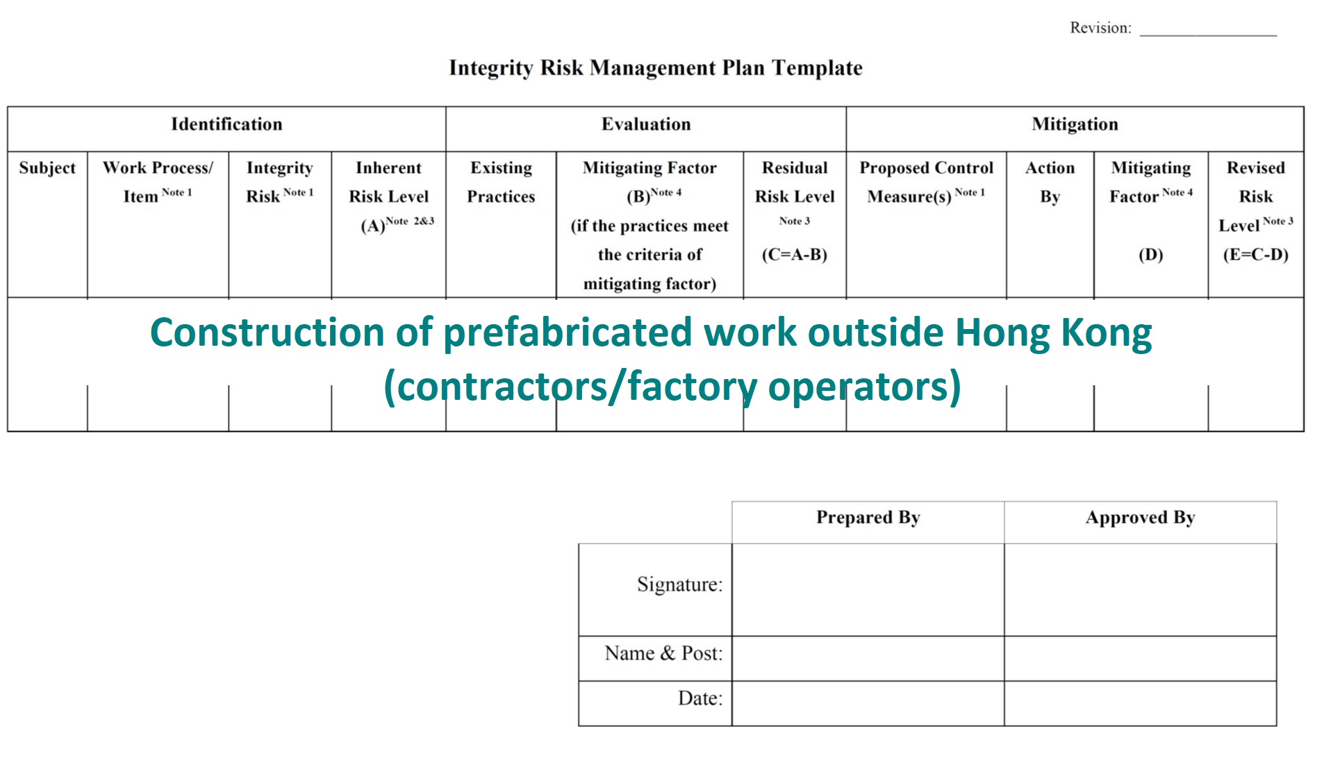 Integrity Risk Management on Construction of Prefabricated Work outside Hong Kong (For Contractors / Factory Operators)