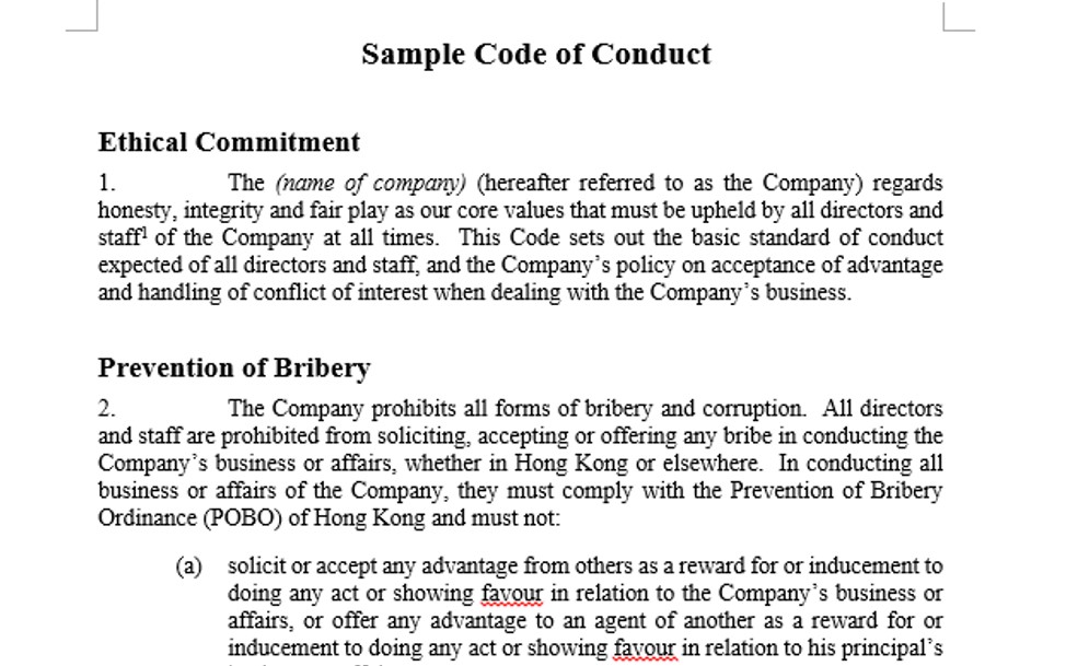Brief Description of the Sample Code of Conduct for the Private Sector